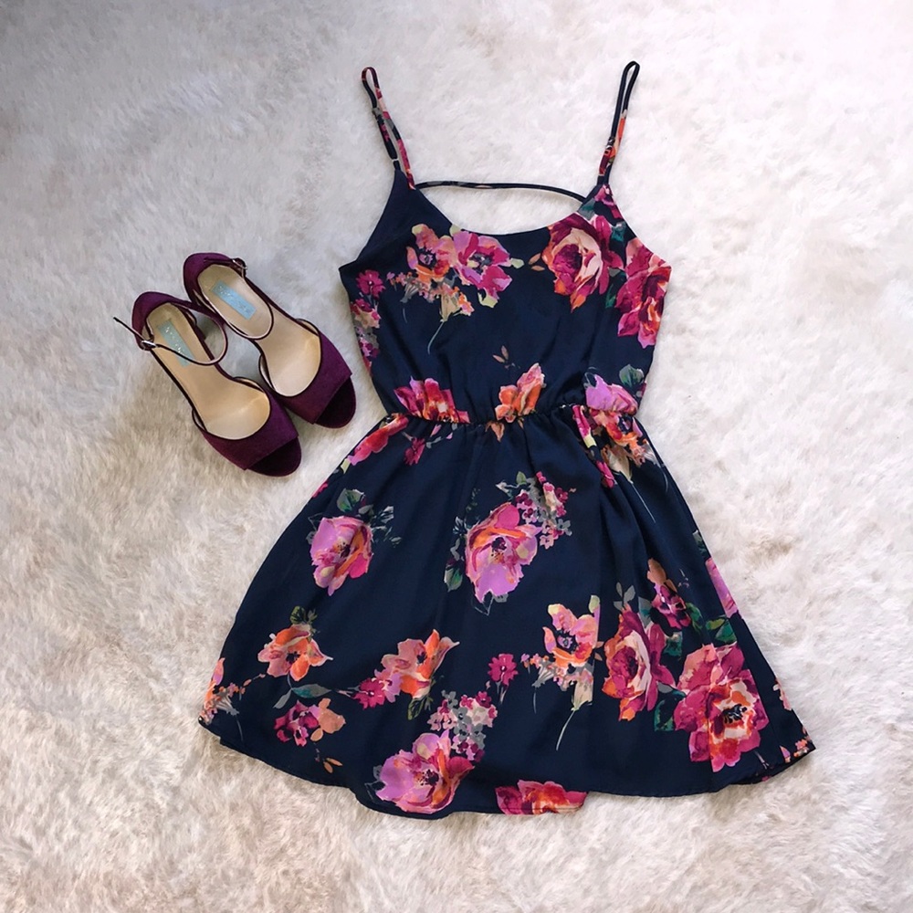 Everly Navy and Pink Floral Mini Sundress